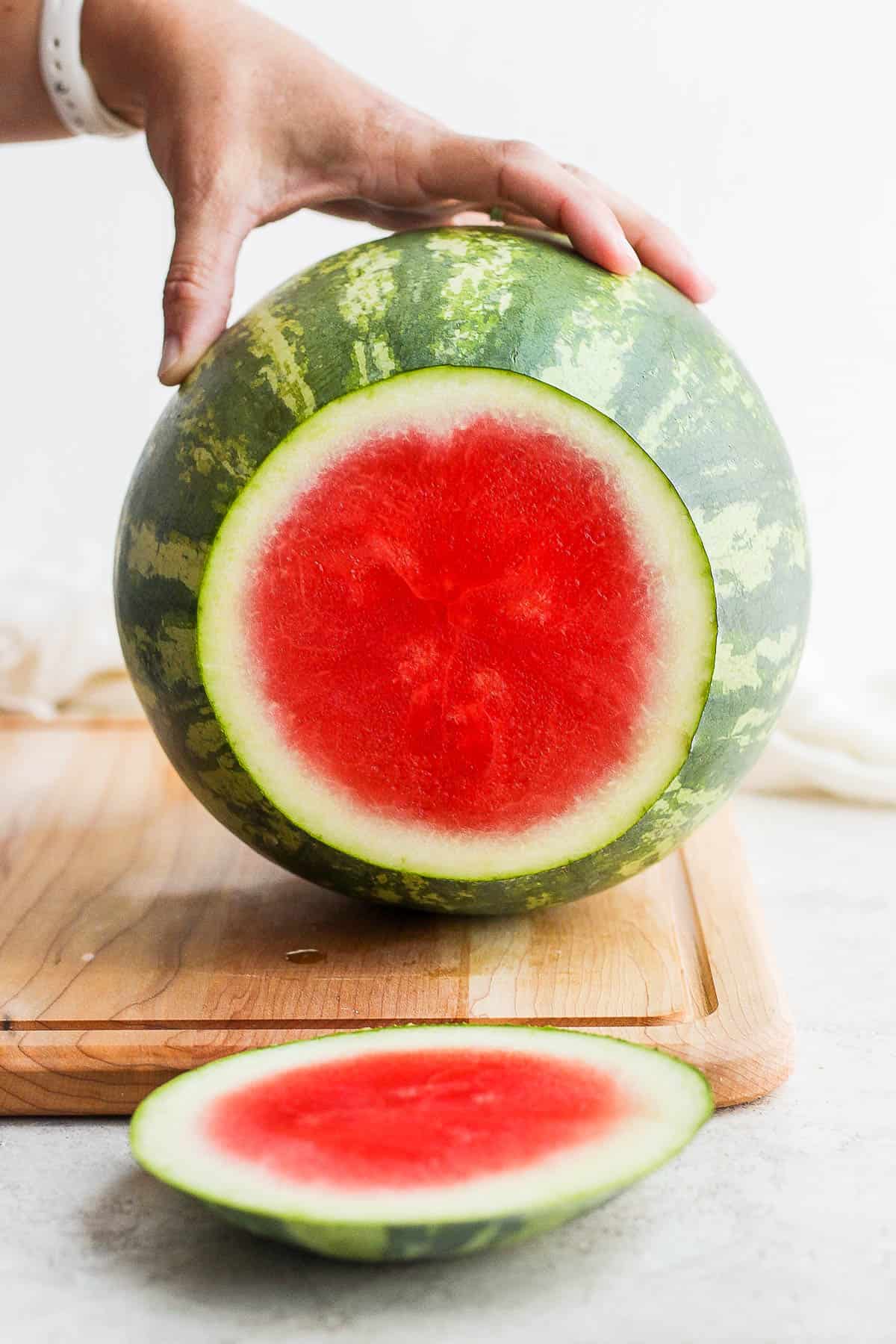 The end of a watermelon half cut off.