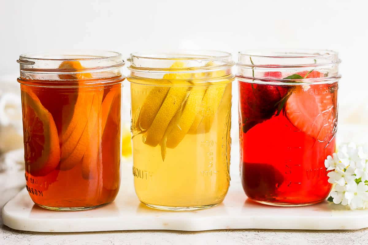 Fruit infused cold brew iced tea in mason jars.