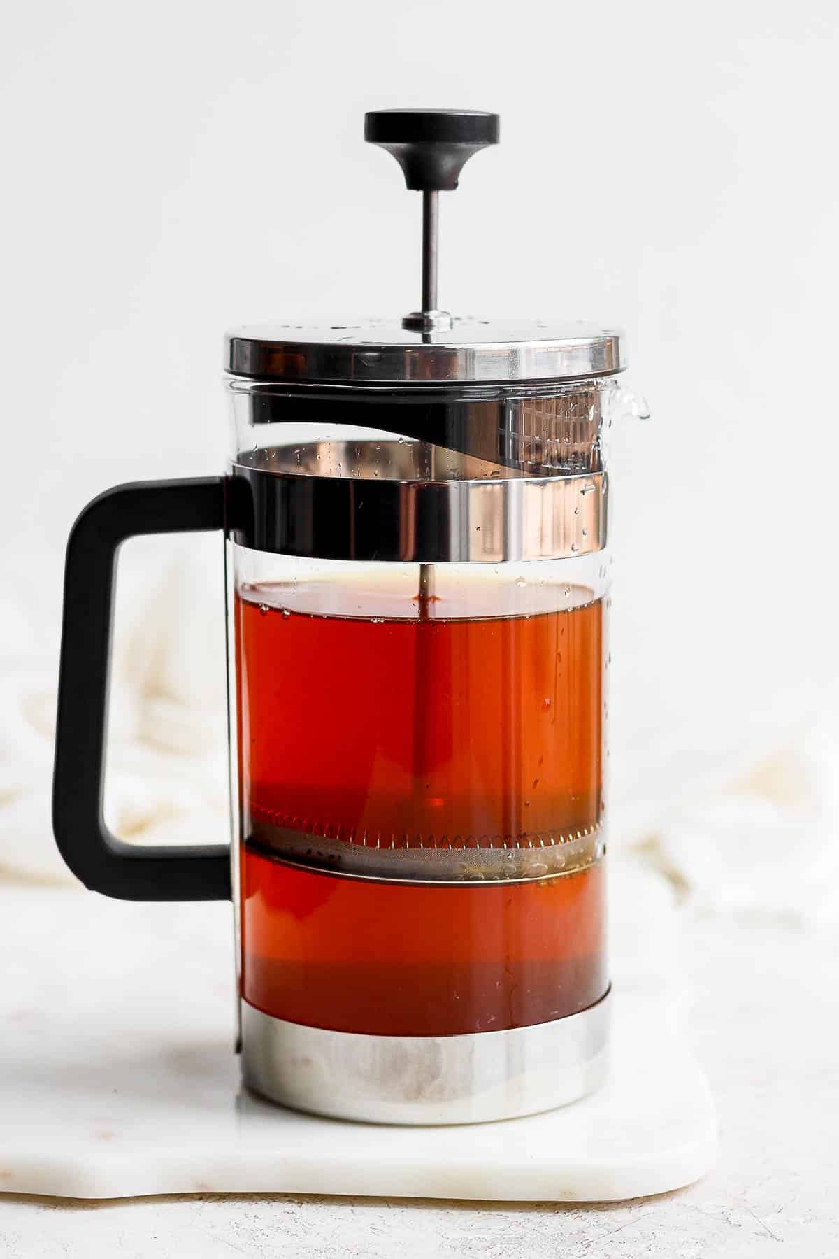 Cold brew iced tea in a french press.