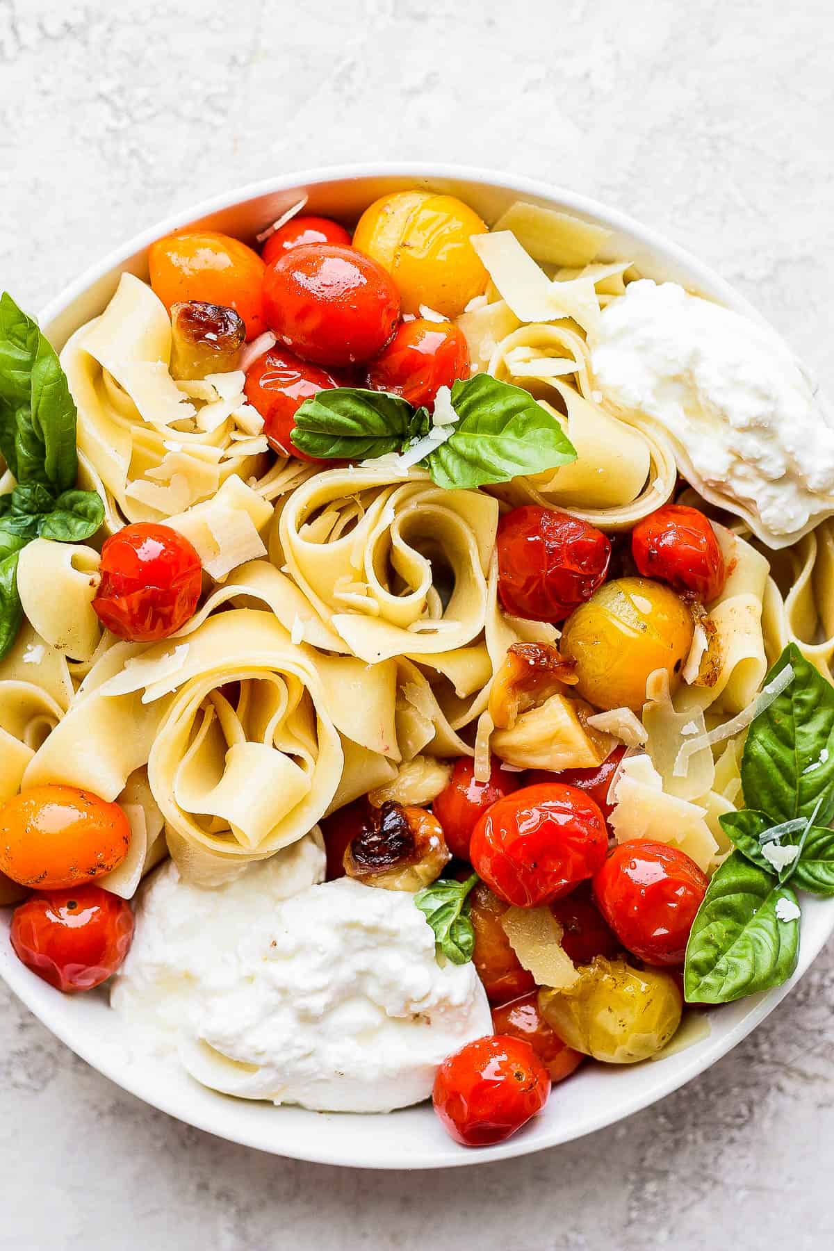 A large bowl of late summer pasta + burrata.