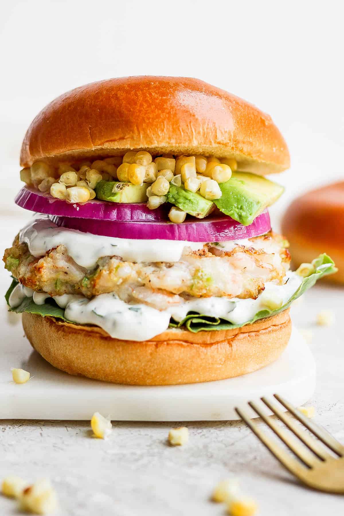 A perfectly grilled shrimp burger.