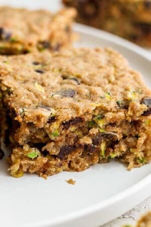 A plate of chocolate chip zucchini bars.