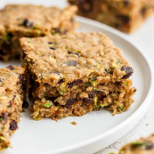 A plate of chocolate chip zucchini bars.