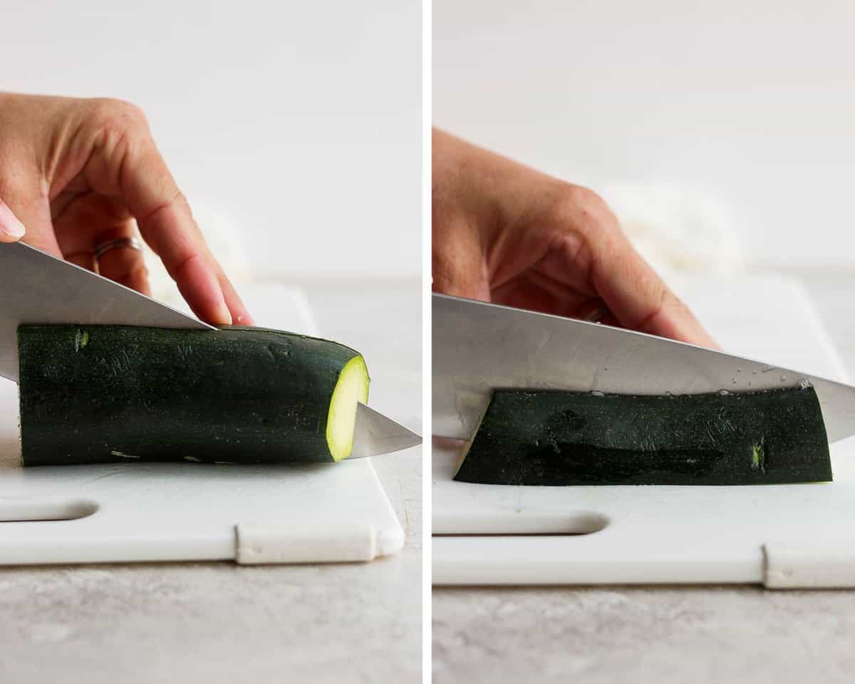 Zucchini being cut in half, lengthwise, then the cut-side down being cut in half lengthwise again.