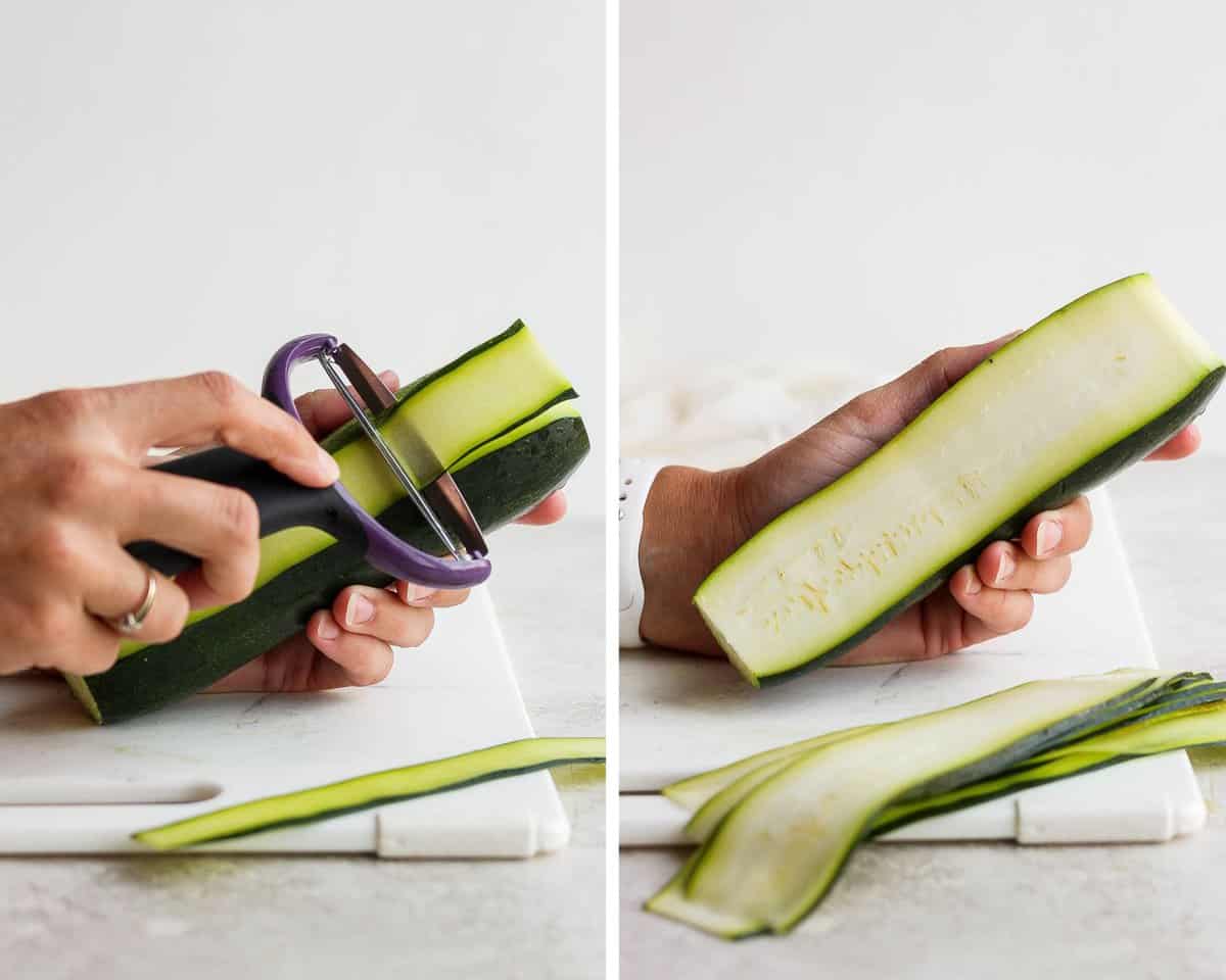 Two images of the vegetable peeler cutting the zucchini into sheets or ribbons.