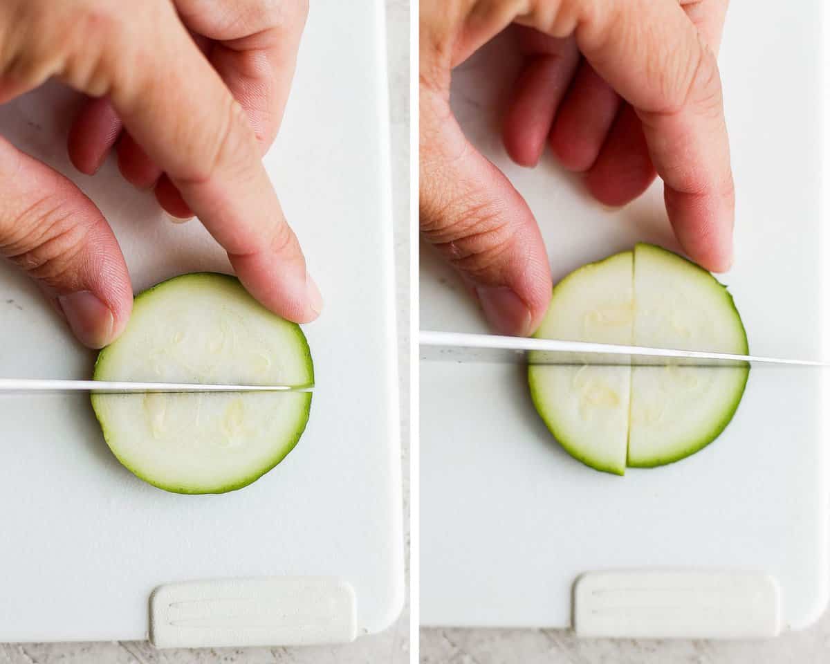Two image showing a slice of zucchini being cut into quarters.