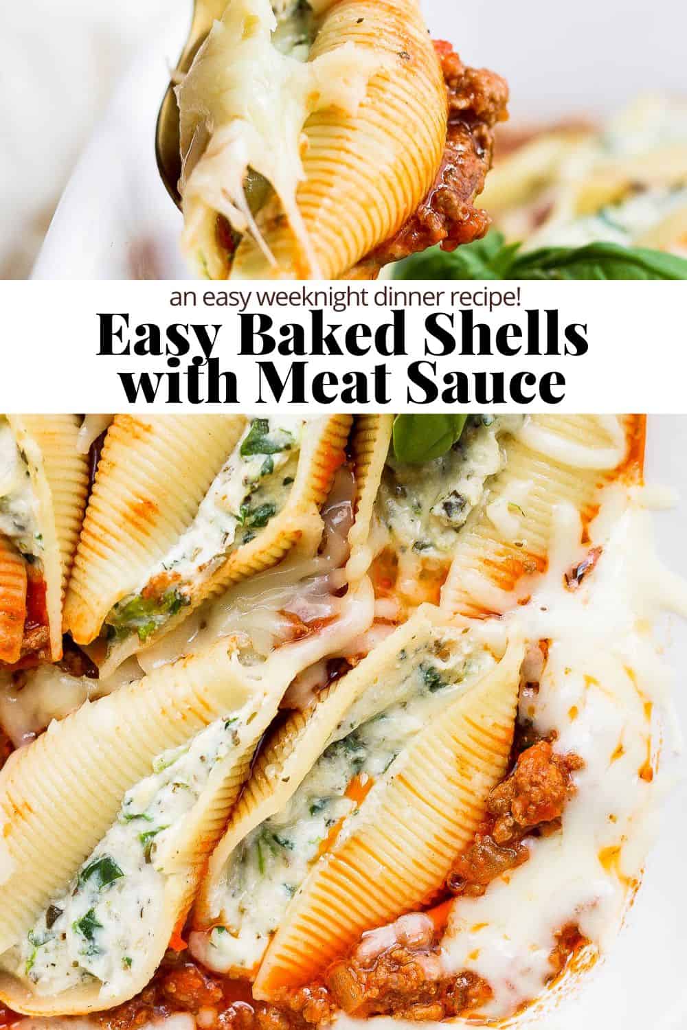 Pinterest image with a close up of a stuffed shell on the top, the recipe title in the middle, and more stuffed shells on the bottom of the image. 