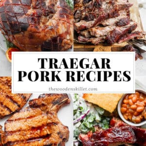 Four different photos of Traeger pork recipes (smoked ham, smoked pork shoulder, smoked pork chops and smoked ribs).
