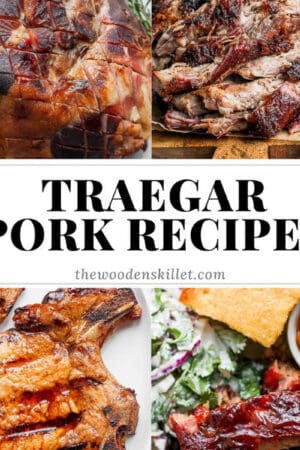 Four different photos of Traeger pork recipes (smoked ham, smoked pork shoulder, smoked pork chops and smoked ribs).