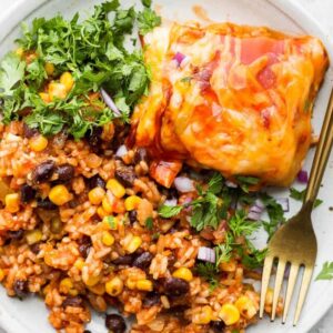 An easy chicken enchilada casserole with salsa rice.