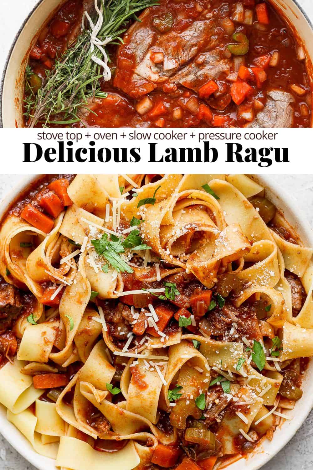 Pinterest image starting with a photo of the lamb ragu in the dutch oven, followed by the title of the recipe; Delicious Lamb Ragu, finished with a photo of the fully cooked lamb ragu with pappardelle noodles in a white bowl. 