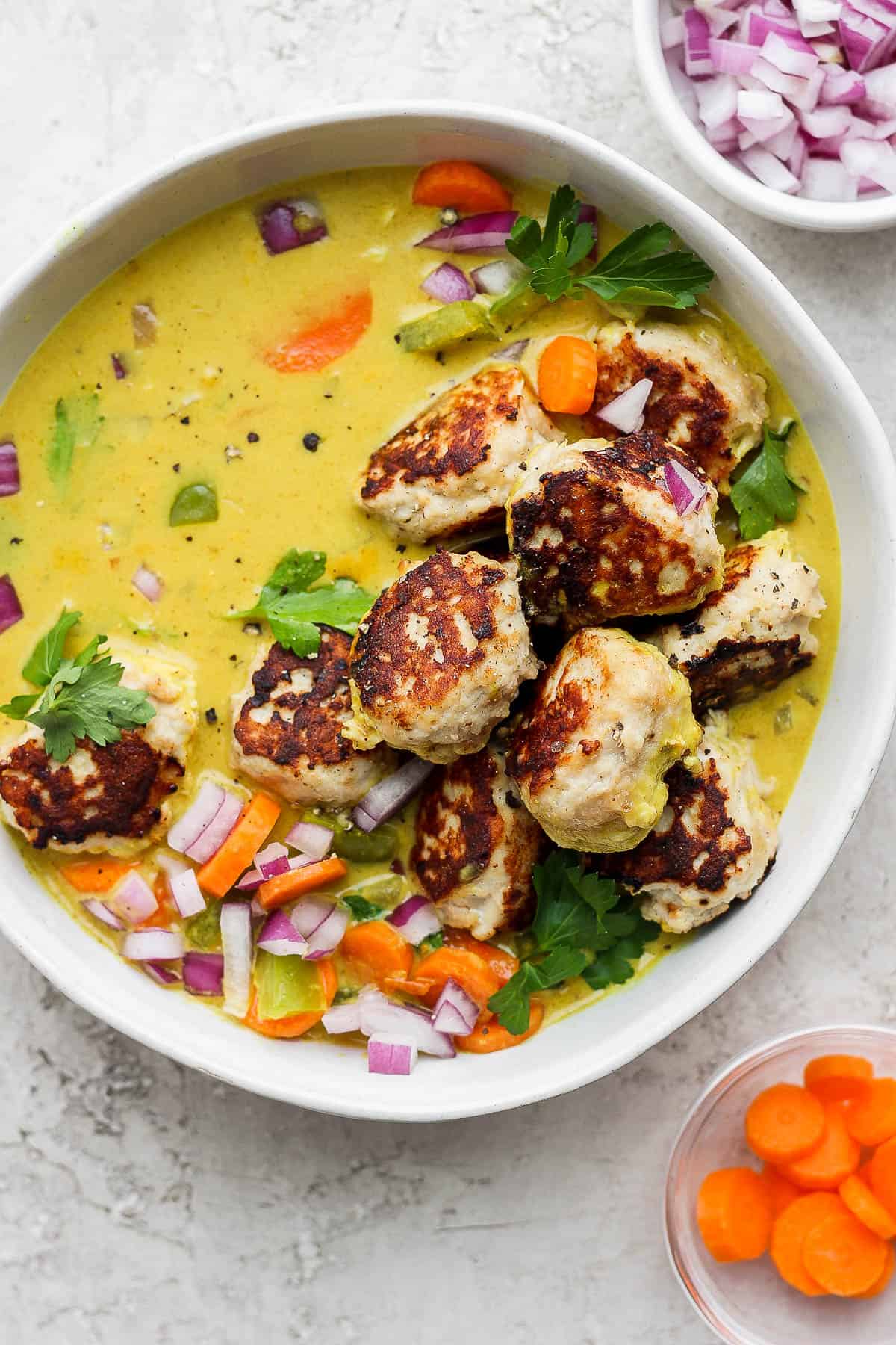 Meatball curry in a bowl.