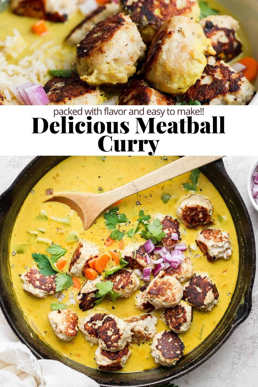 Pinterest image for meatball curry.