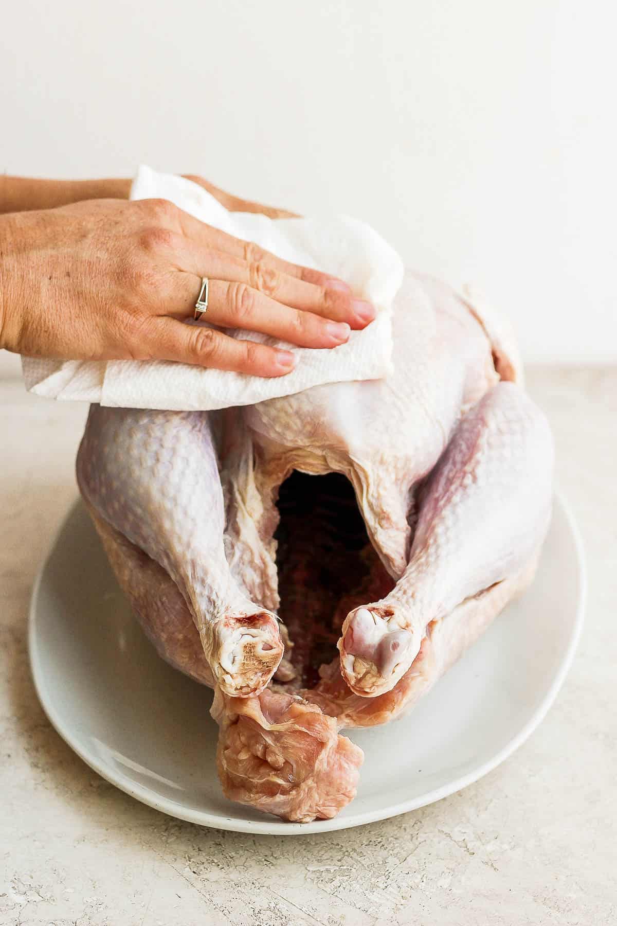 A turkey being pat dry with a paper towel.