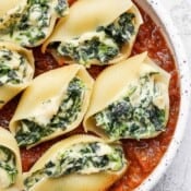 Easy vegan stuffed jumbo shells with spinach.