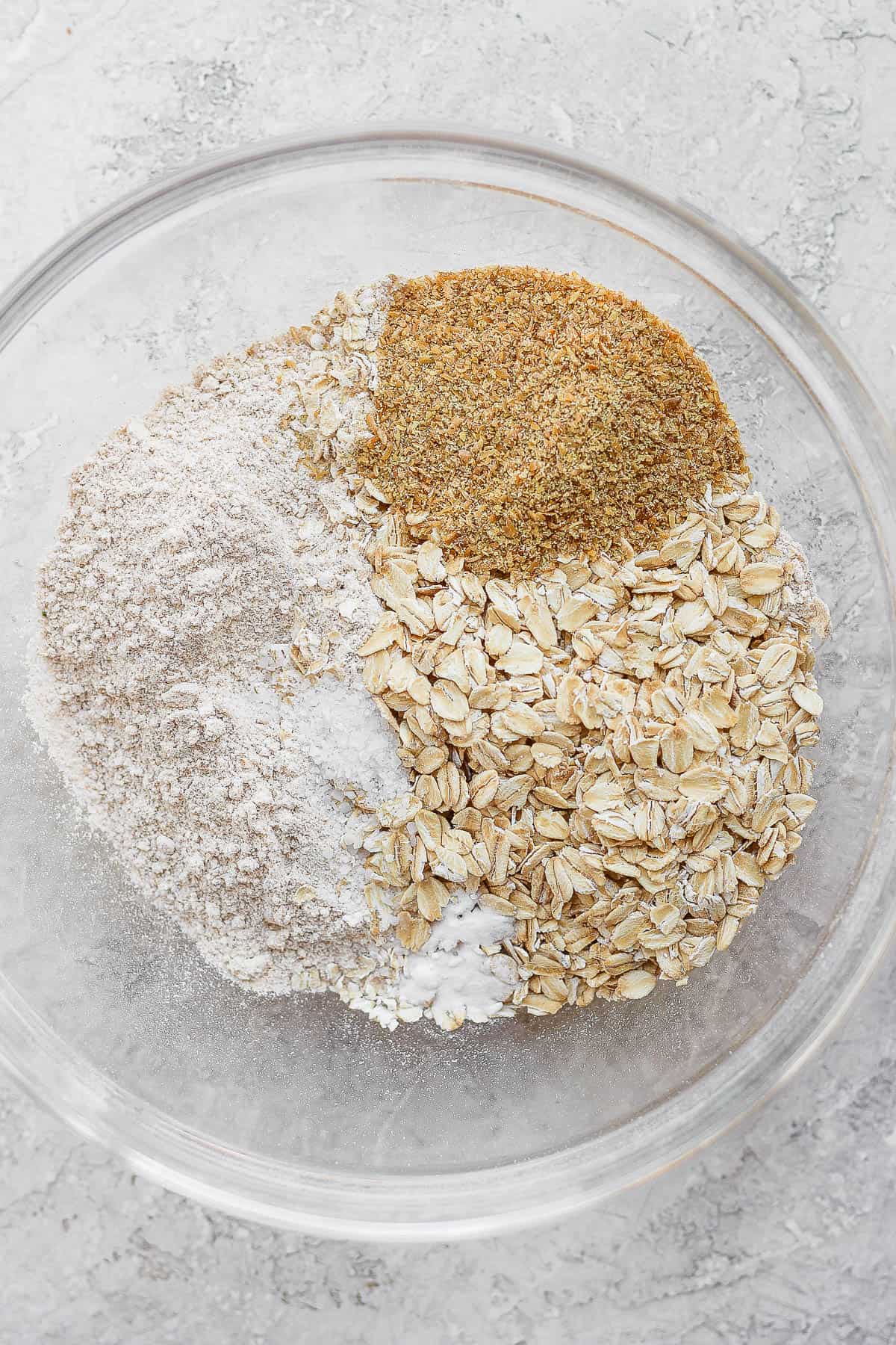 The dry ingredients in a mixing bowl.