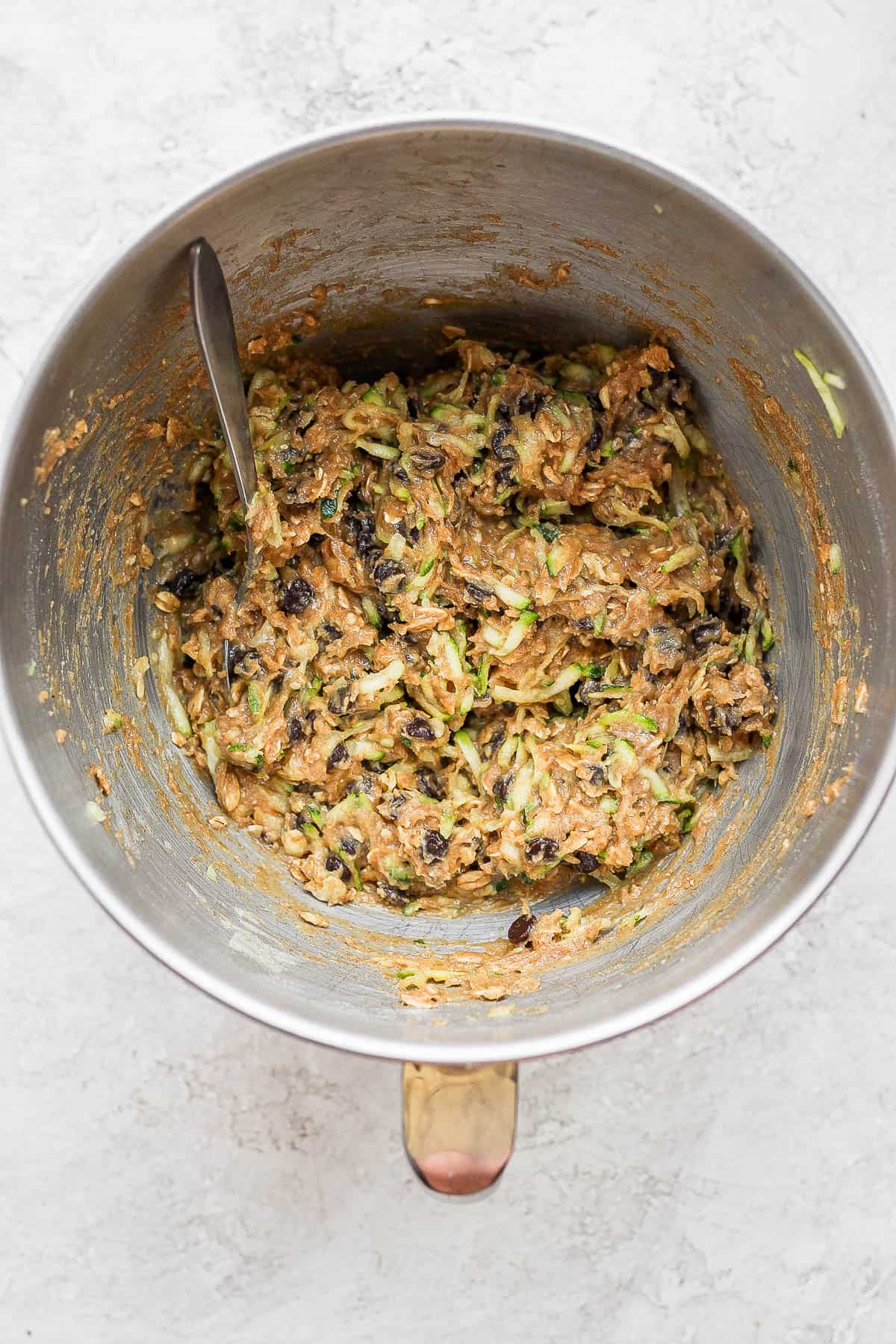 Batter for chocolate chip zucchini bars fully mixed.