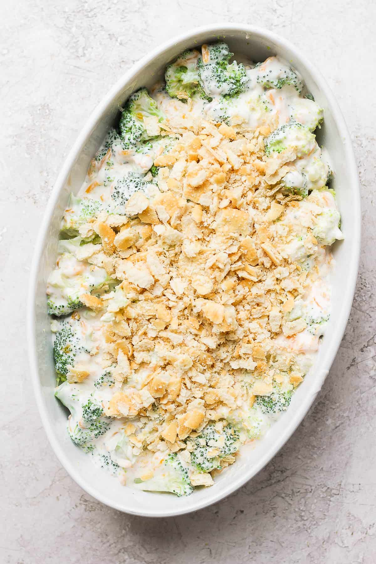 The broccoli cream mixture topped with crushed up Ritz crackers. 