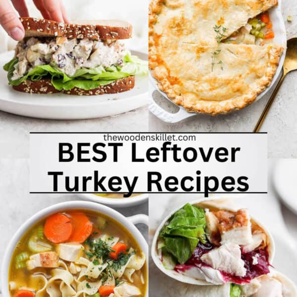 Four photos of leftover turkey recipes.