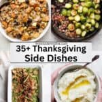 Four photos of thanksgiving side dishes with text in the middle.