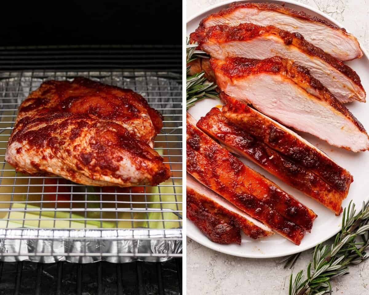 Two photos side by side showing a boneless turkey breast with brown sugar bourbon drub on it on the smoker and then in the next picture sliced on a plate with fresh rosemary.