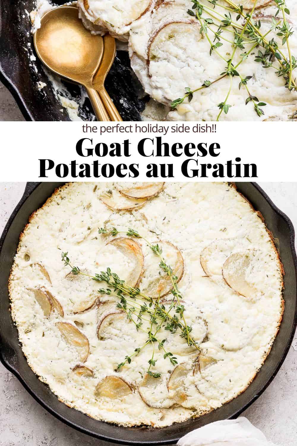 Pinterest image for goat cheese potatoes au gratin.