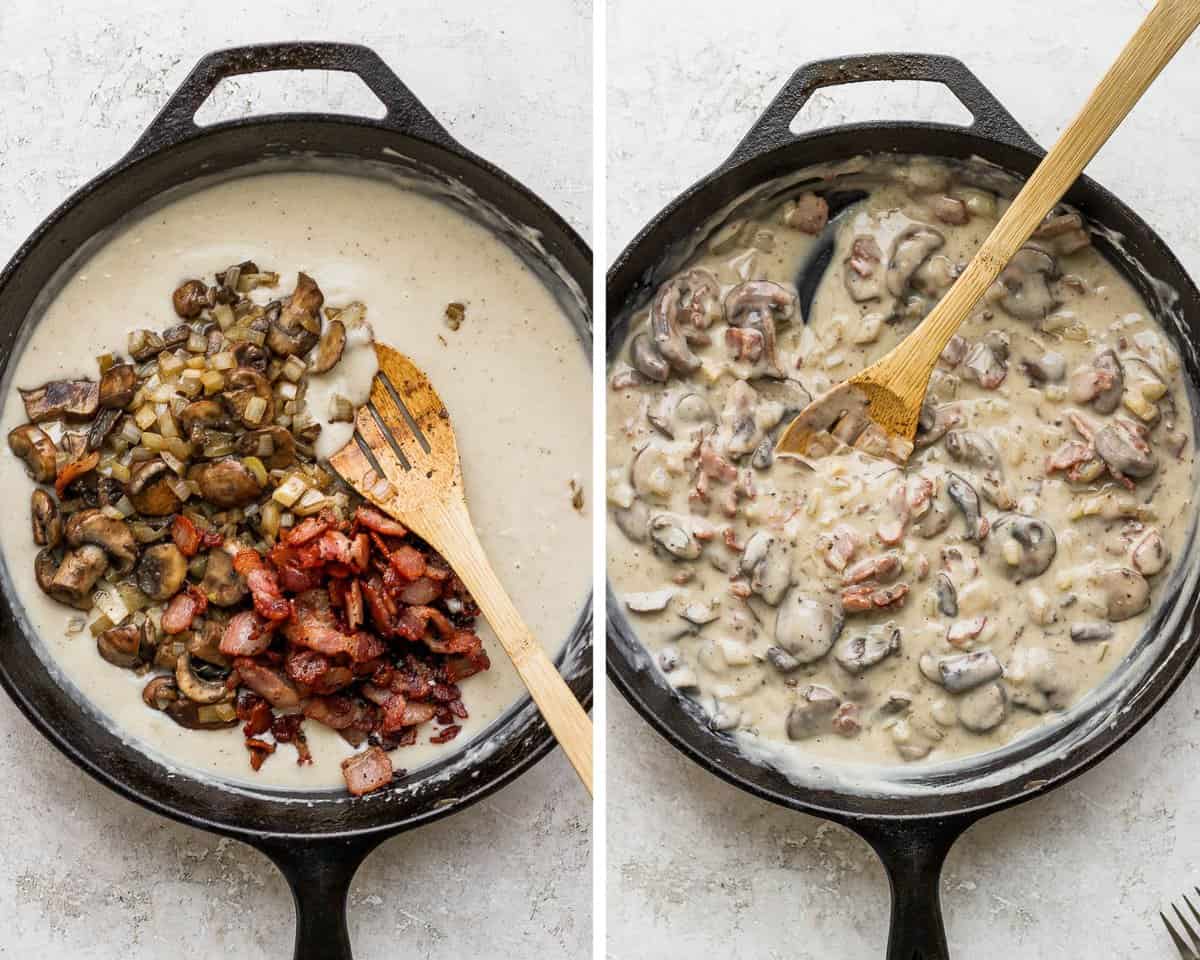 The image on the left shows the mushroom, onion, garlic, and bacon set right on top of the roux.  The second image on the right shows all of the previously mentioned ingredients stirred together. 