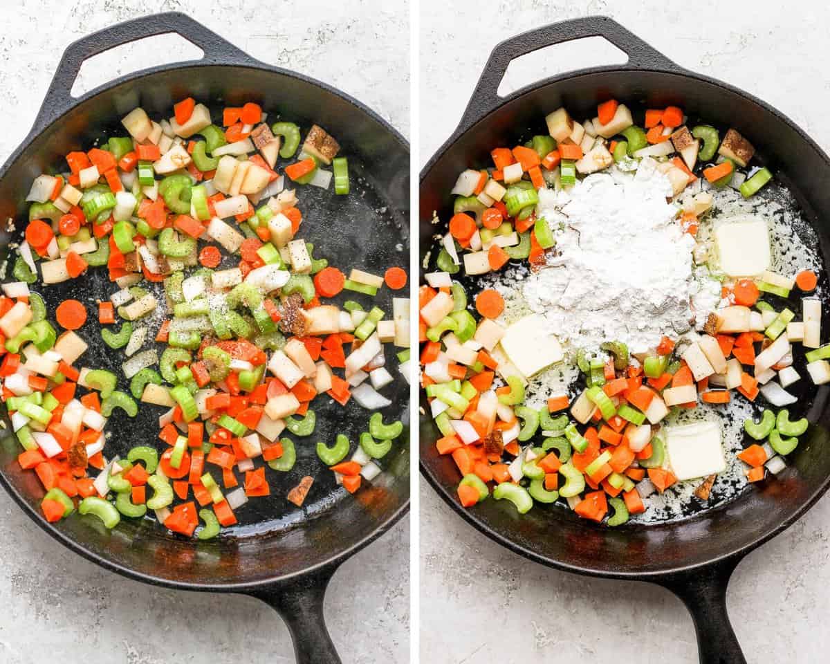 Veggies sautéing in a cast iron skillet and then another image with the butter and flour added.