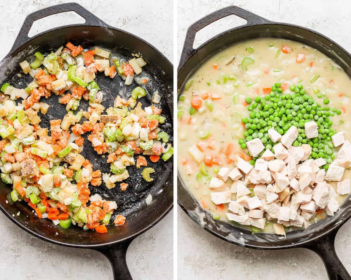 One image with the flour mixed in and then one with the chicken broth, turkey, peas, and seasonings added.