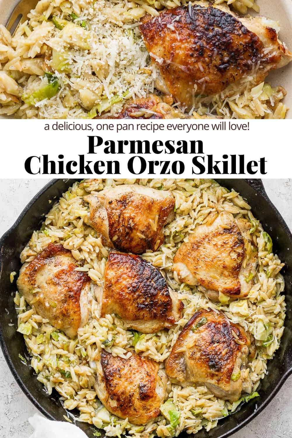 Pinterest image for parmesan chicken skillet.