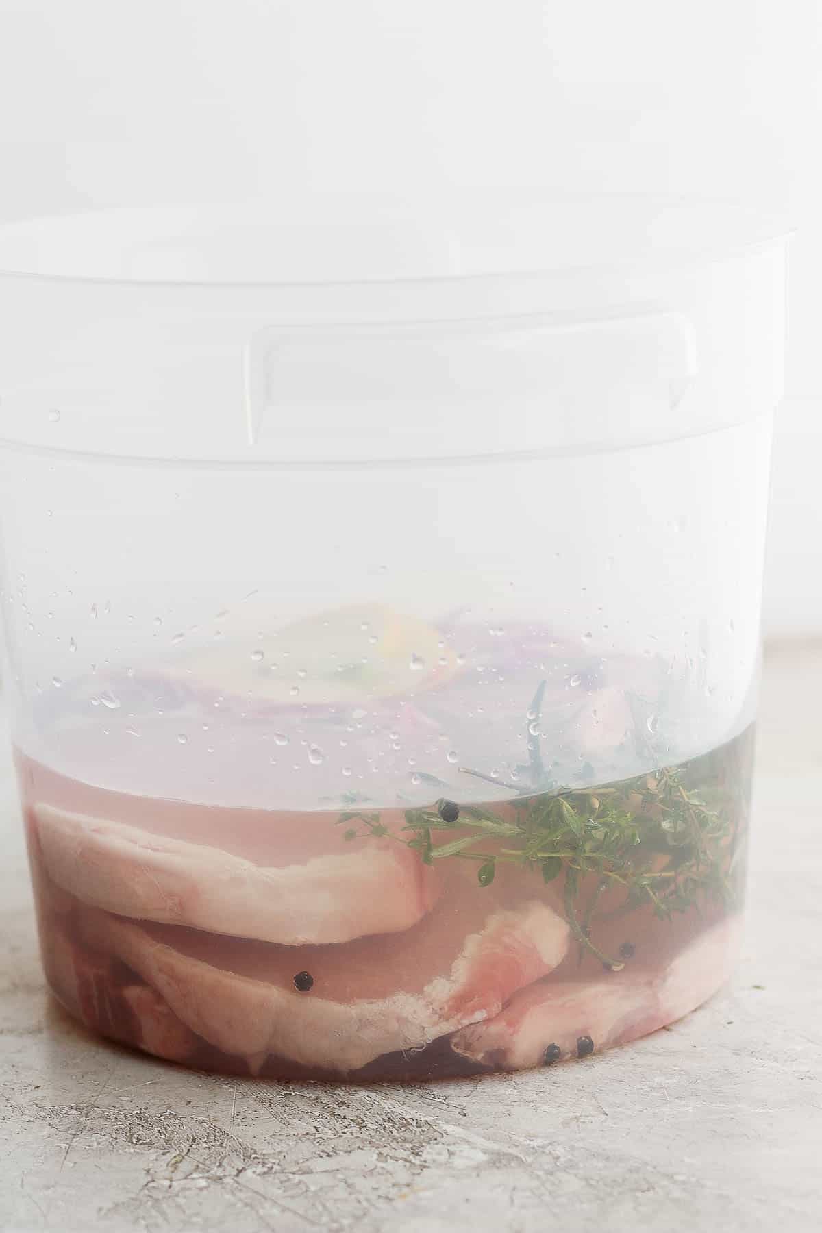 Pork chops, thyme, rosemary, onion, peppercorns, apple, bay leaf, salt and water in a food safe container. 