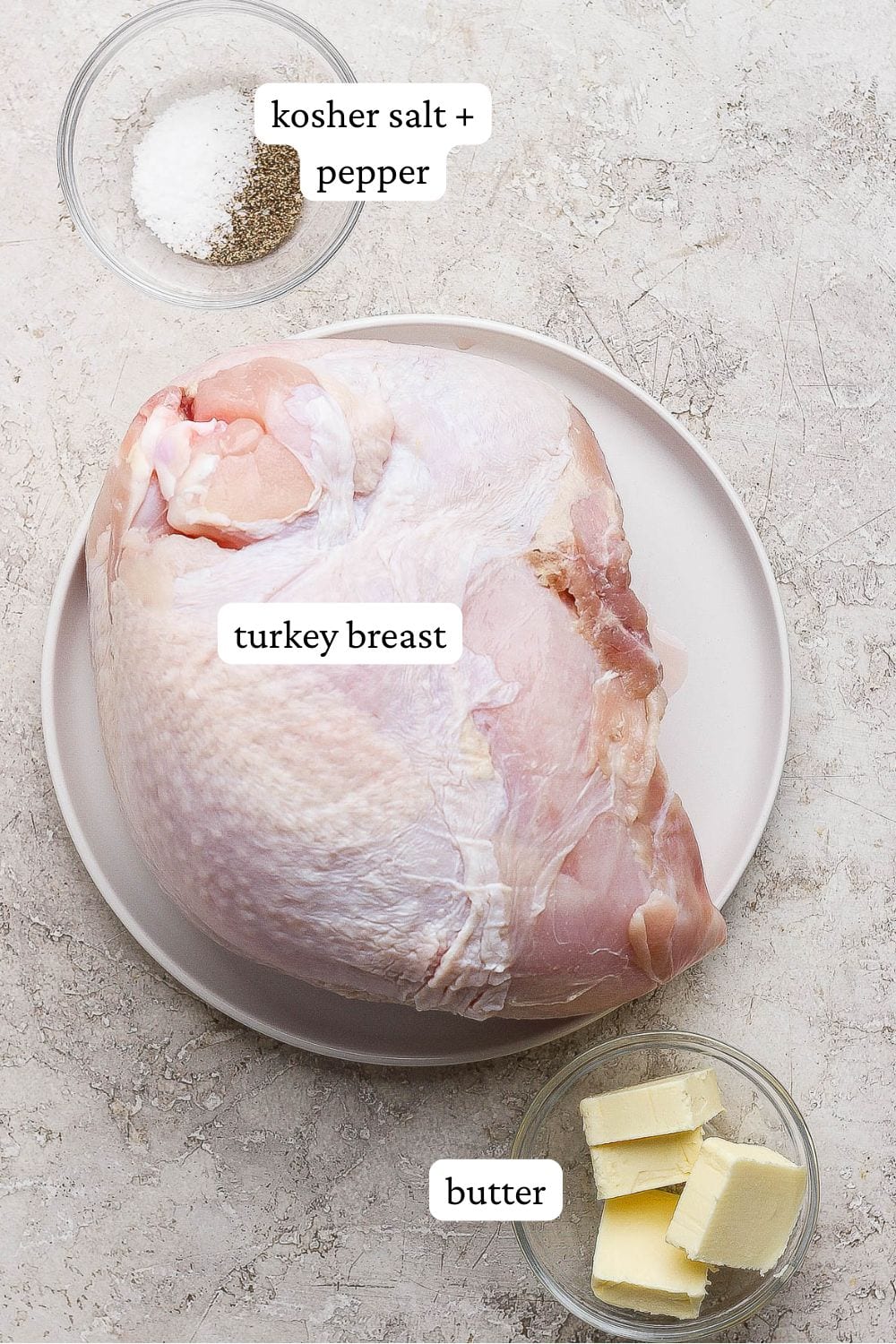 Ingredients for smoked turkey breast in individual bowls and plates and labeled.