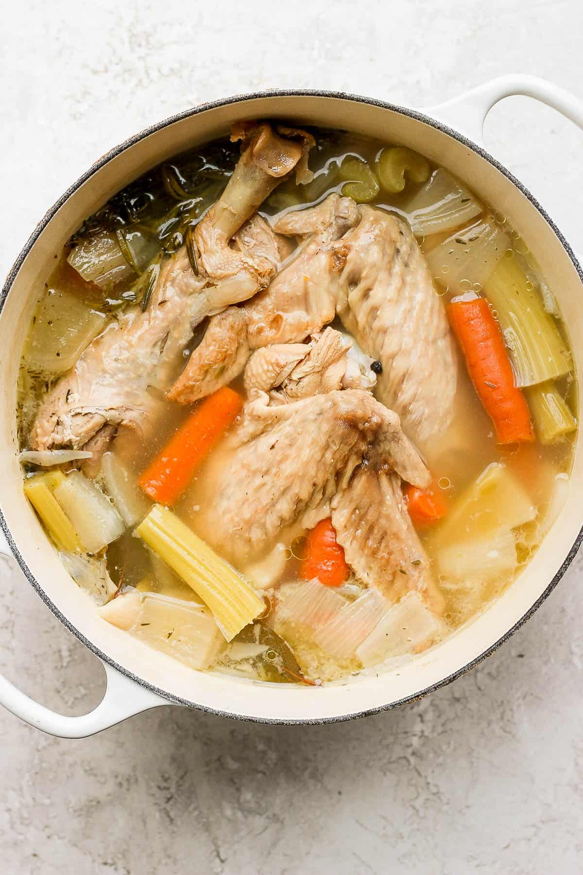 Fully cooked broth with all ingredients still in the pot.