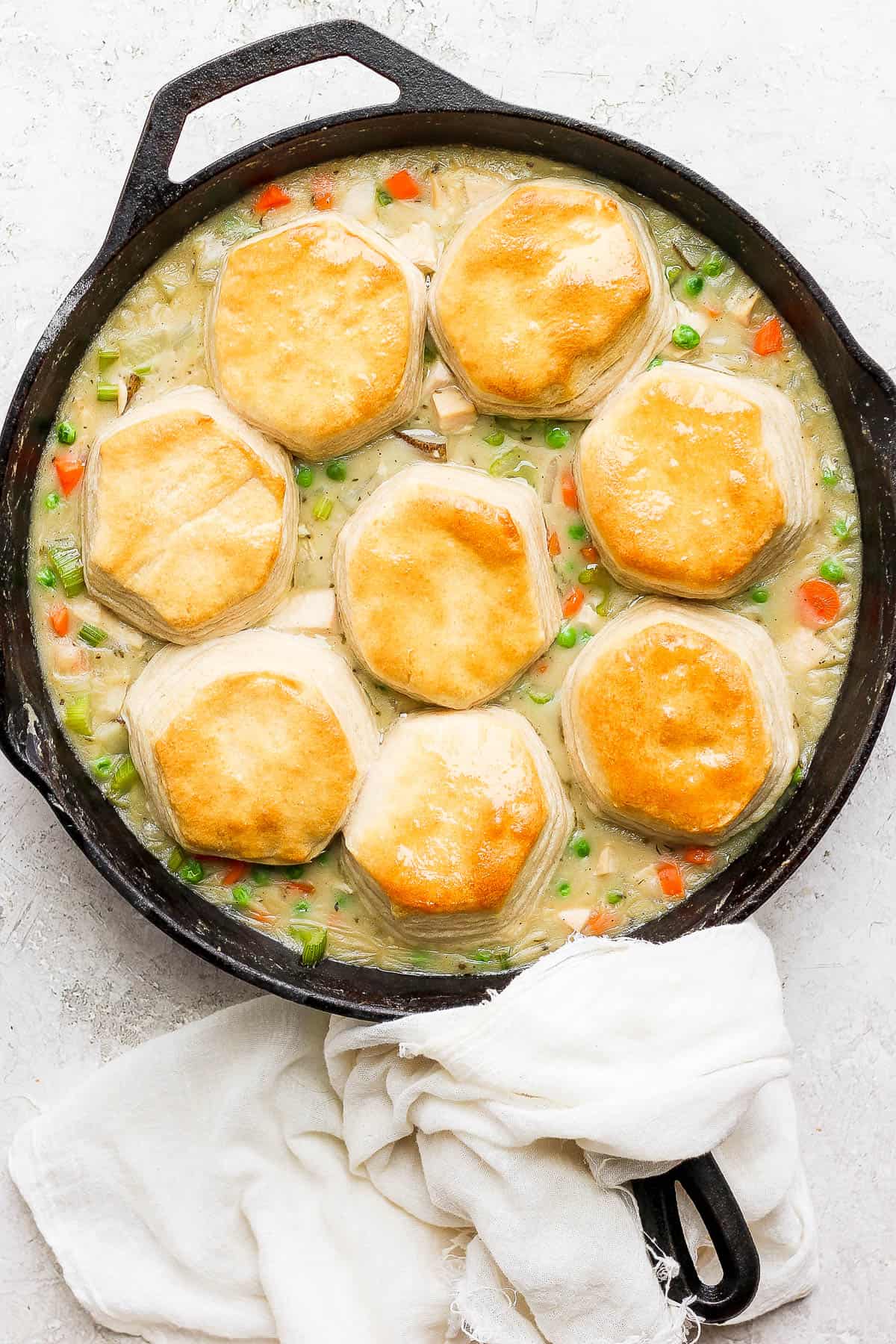 An easy turkey pot pie recipe with biscuits on top.