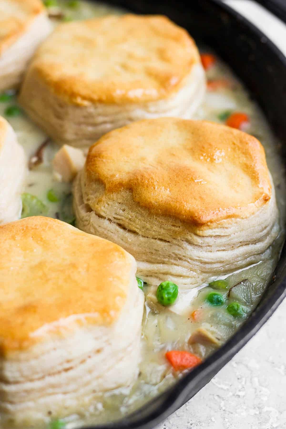 Close up shot of the turkey pot pie with biscuits recipe.