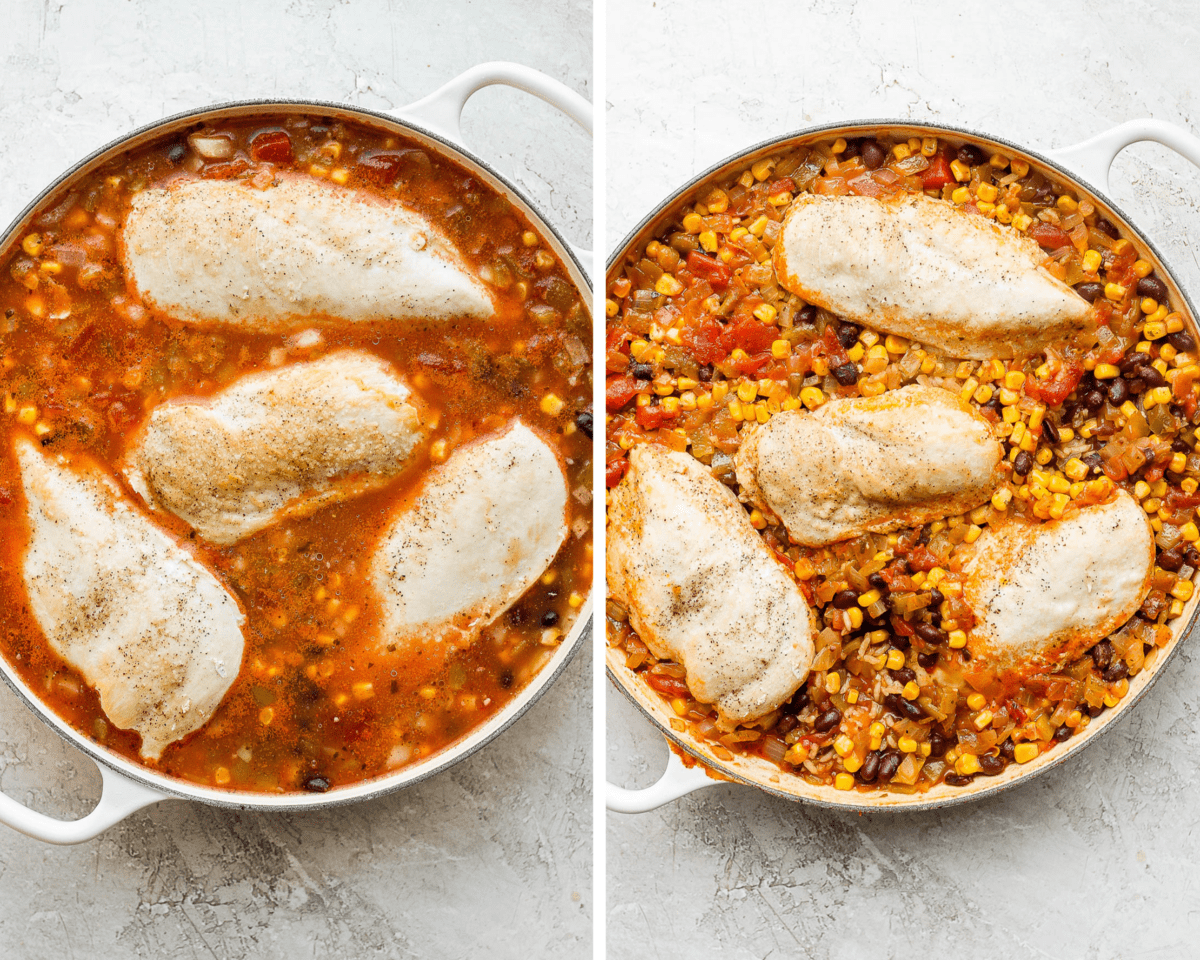 Two images showing the chicken back in the pot before baking and then after baking.
