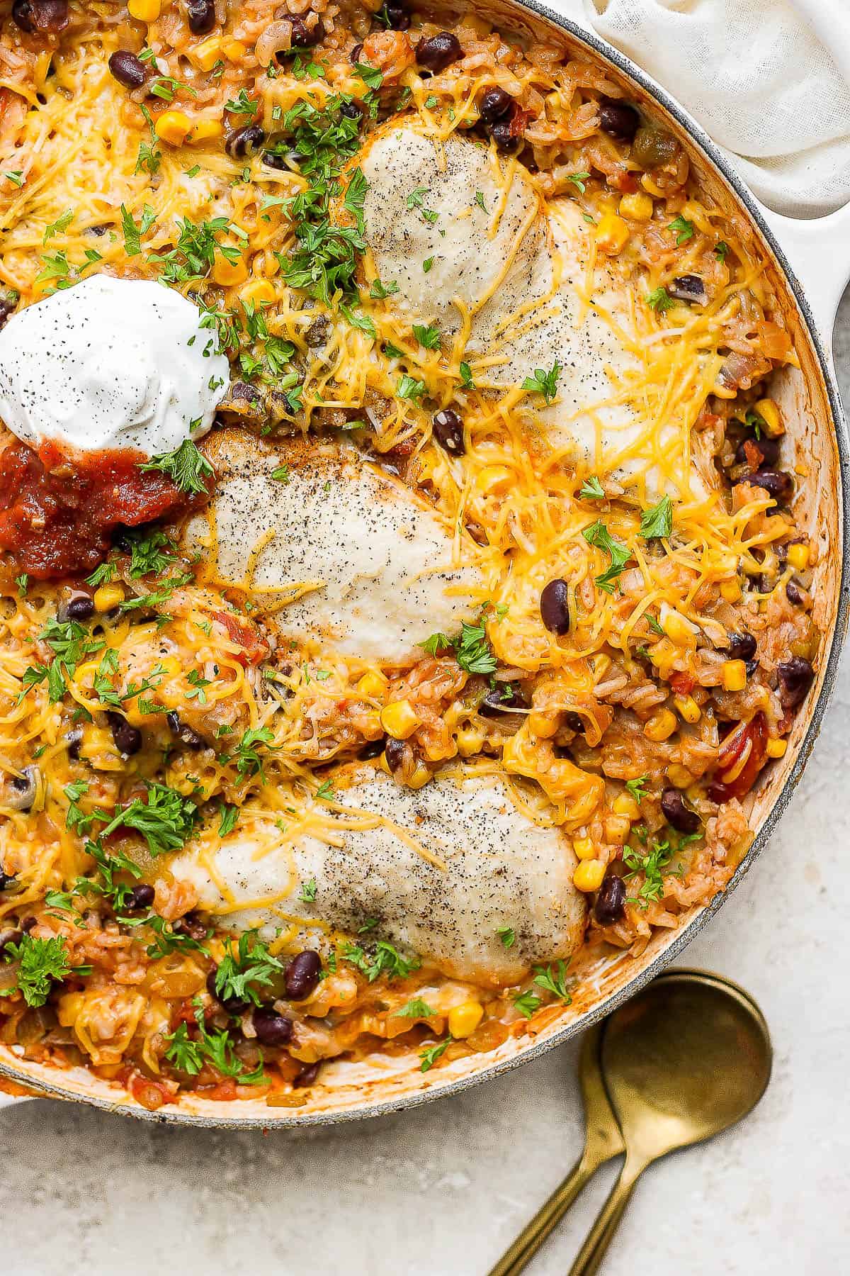 An easy one pot baked salsa chicken and rice.