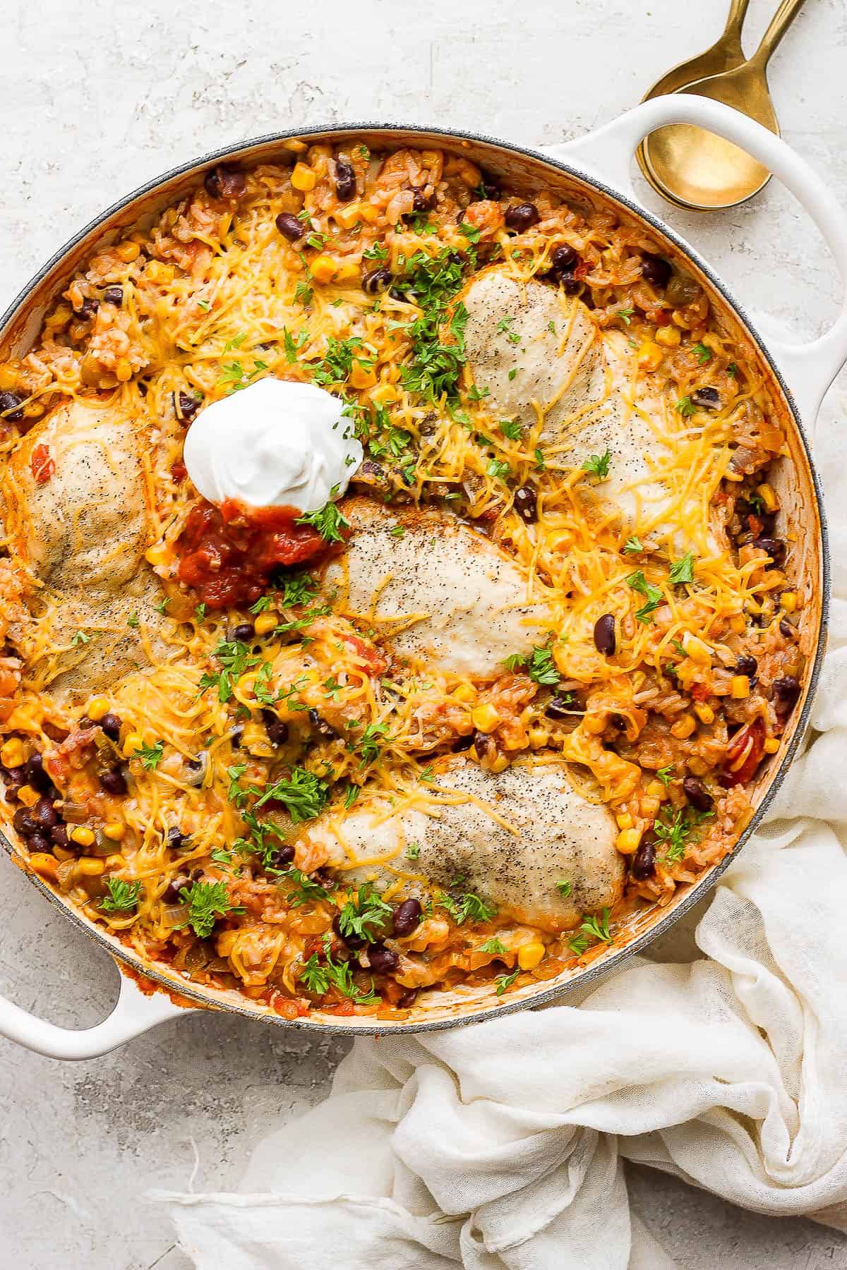 Fully topped chicken and rice skillet.