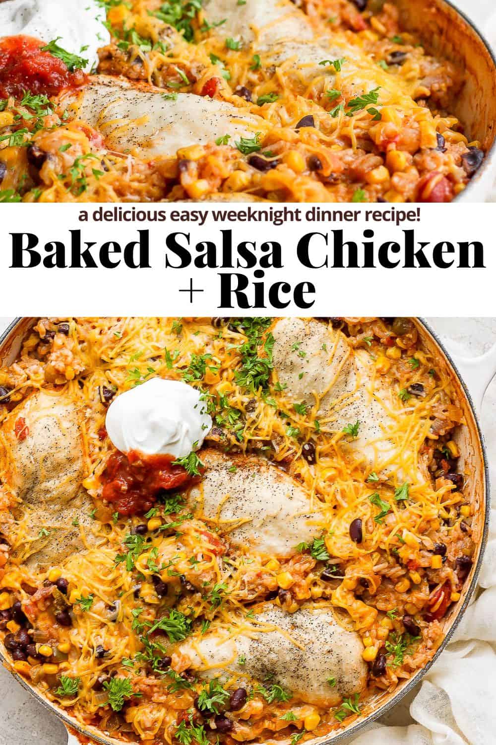 Pinterest image for baked salsa chicken and rice.