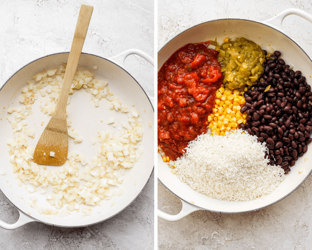 Two images, one with garlic and onion sautéing in the pan and then the other has rice, salsa, corn, beans, and chiles added.