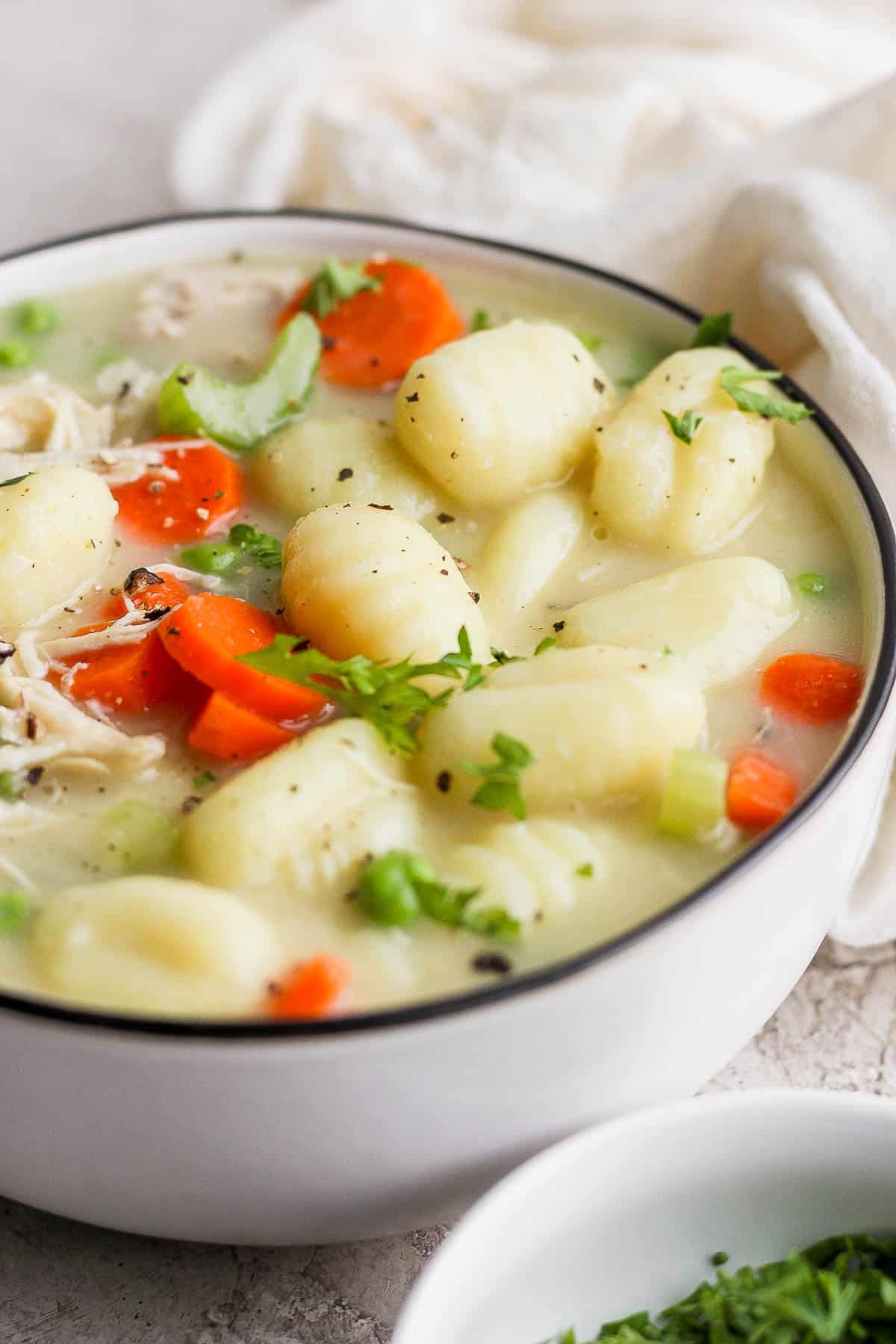 A bowl full of chicken gnocchi soup.