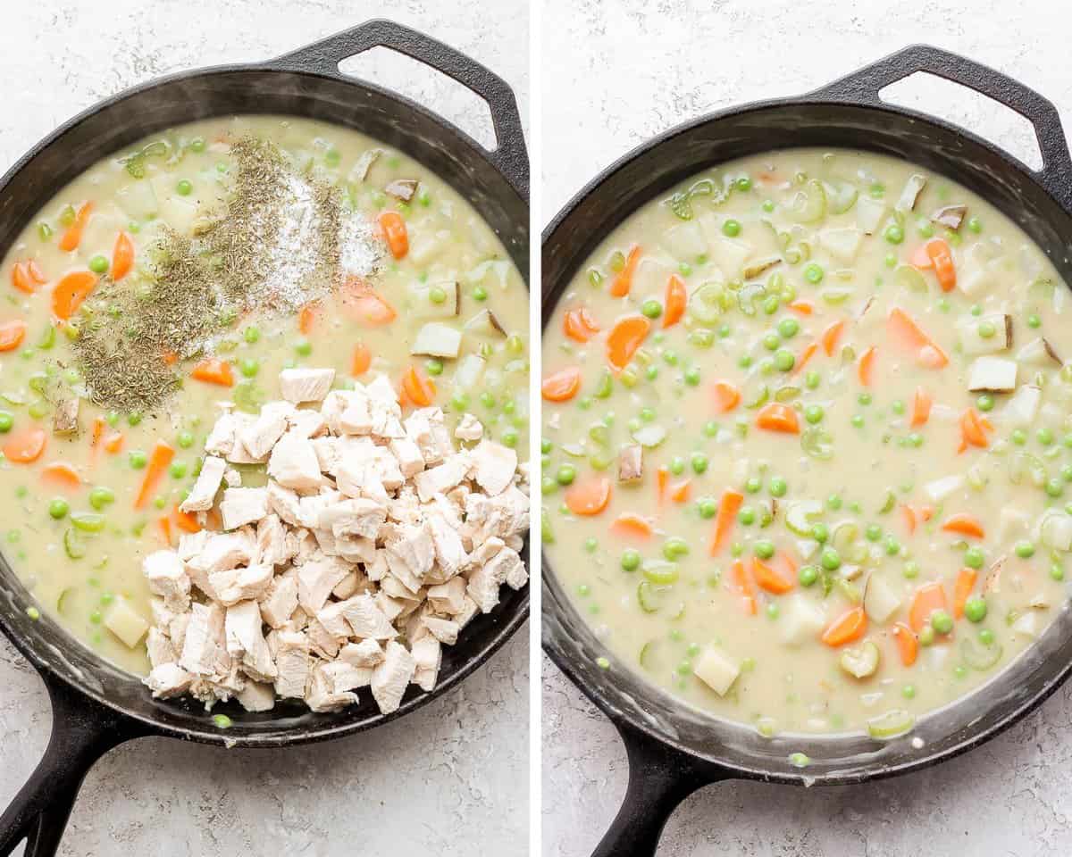 Two images showing the thickened broth with the vegetables, chicken and seasonings added and then everything mixed together.