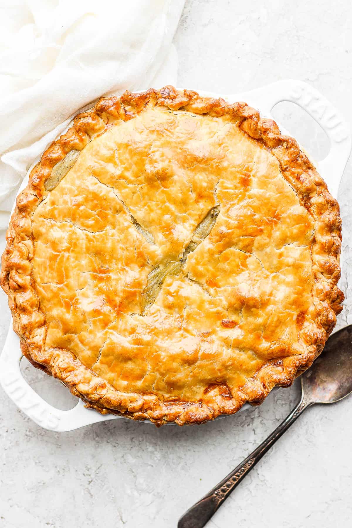 A fully baked chicken pot pie.