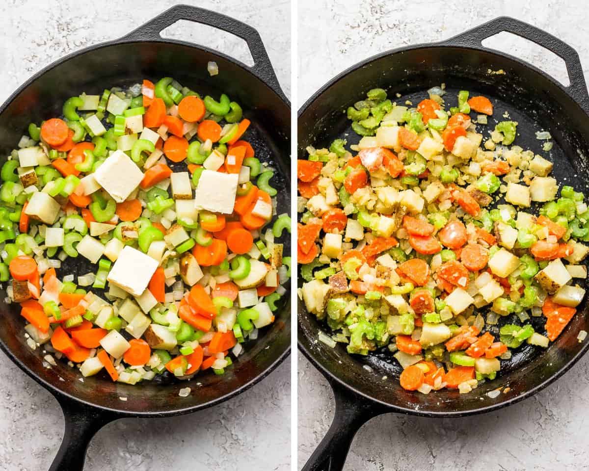 Two images showing the veggies sautéing in a skillet with butter being added and the flour mixed in.