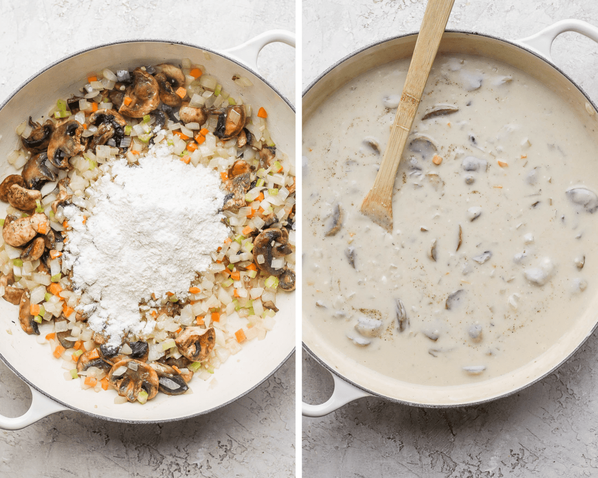 Two images showing the flour added to the vegetables and the broth, milk and cheeses mixed in.
