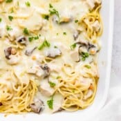 Top down shot of the corner of a pan of turkey tetrazzini.