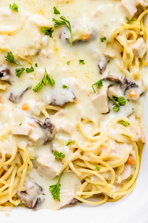 Top down shot of the corner of a pan of turkey tetrazzini.