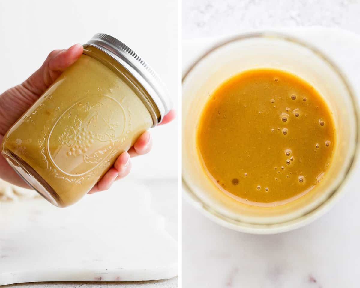 Two images showing the dressing in a mason jar and a hand shaking the mason jar.