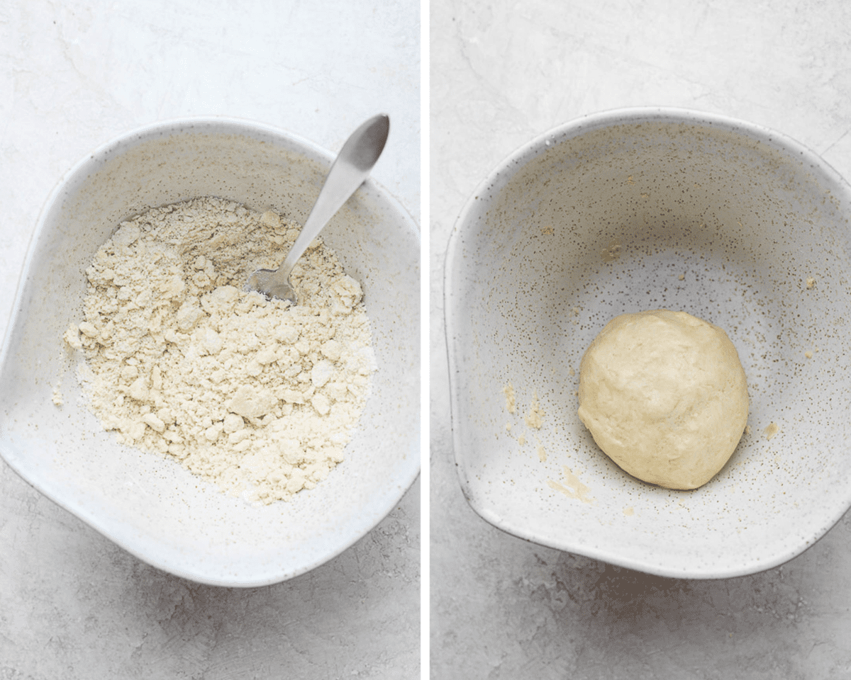 A side by side image showing first the flour, salt, baking powder, and xanthum gum in a mixing bowl with a fork to the side. The image next to it shows the dough rolled into a ball sitting in the bottom of the same mixing bowl.