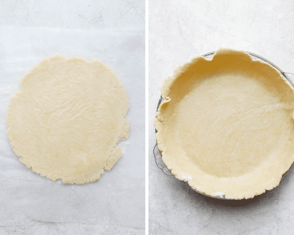A side by side image with the first image on the left showing a rolled out pie crust on a counter top.  The image on the right shows that same pie crust inside a pie pan.